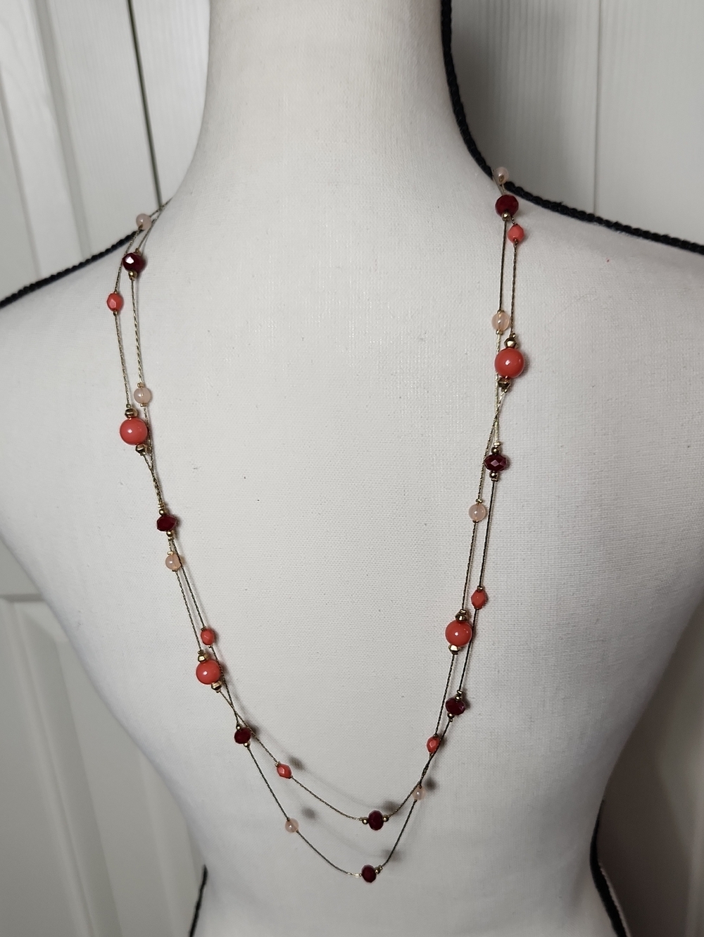 LOFT Coral and Burgundy Multi-Strand Bead Necklace